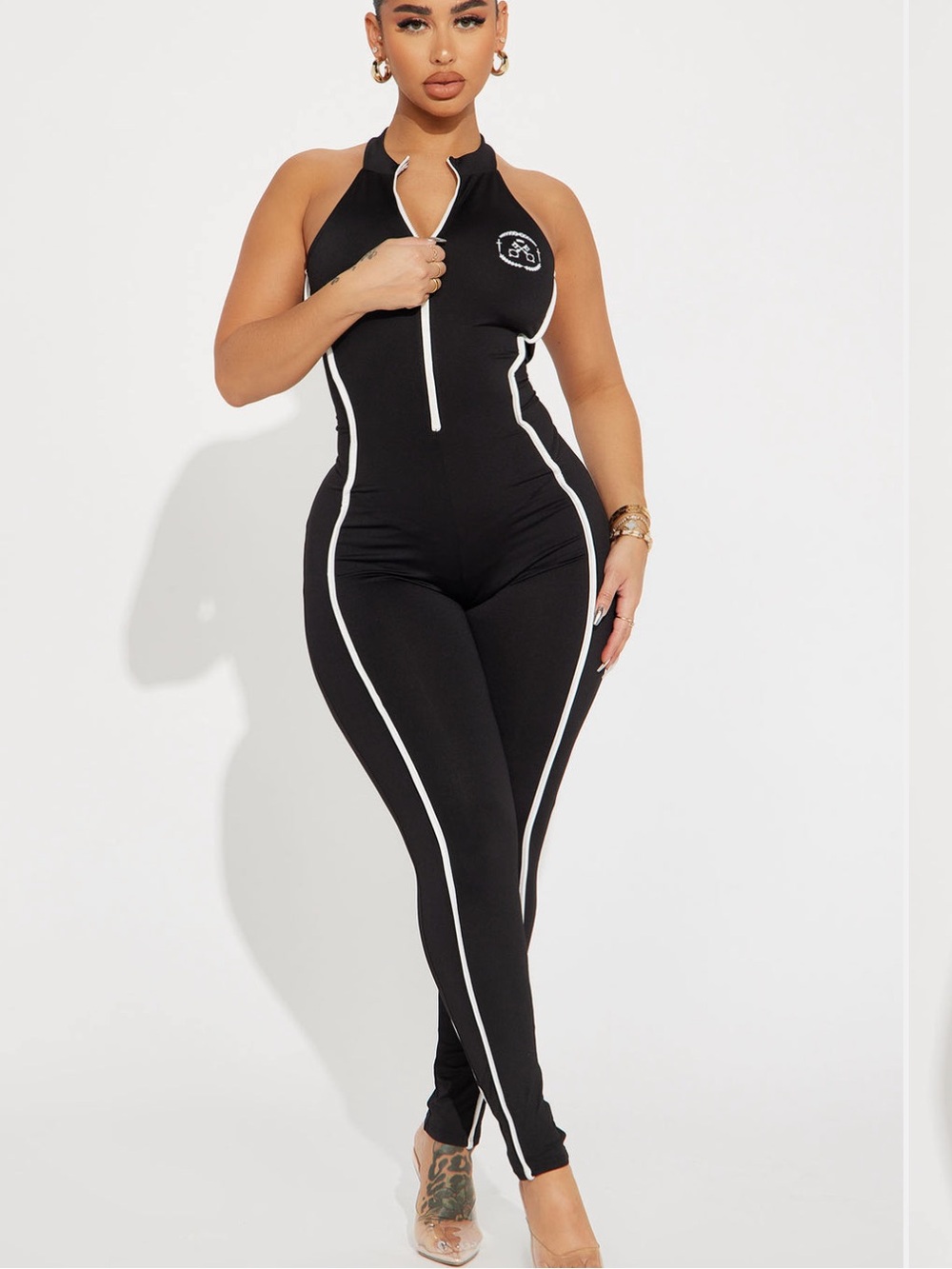 Fashion Nova Black Halter Zip-Front Jumpsuit with White Piping